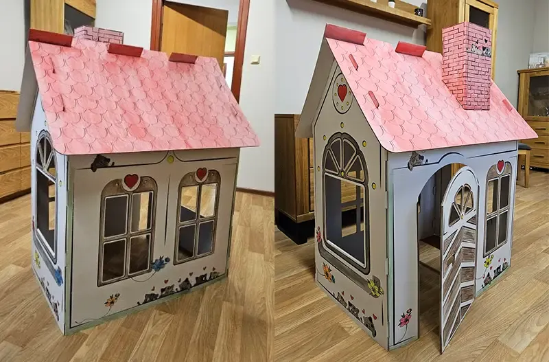 ozdobiony domek z kartonu, kreatywne pomysły domek z kartonu