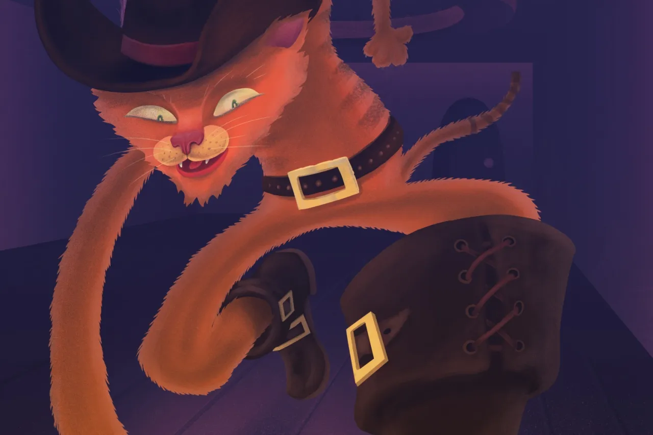 Pomarańczowy kot w kapeluszu i butach, gotowy do przygody. To on, bohater baśni o kocie w butach, w akcji!