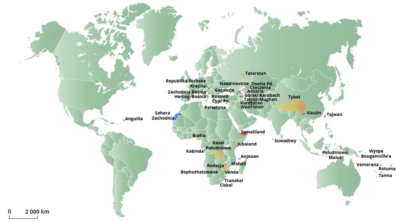 Mapa świata z zaznaczonymi regionami, które mogą być uznawane za państwa. Pokazuje, ile jest państw na świecie, uwzględniając te nieuznawane.