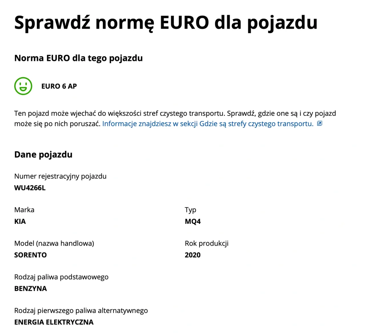 Historia Pojazdu gov.pl norma Euro