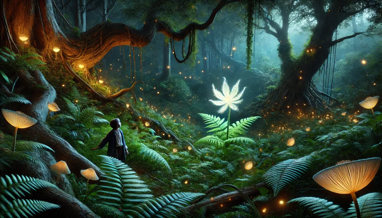 W magicznym lesie, gdzie kwitnie baśń o kwiatach, dziecko podziwia świetlisty kwiat i świecące grzyby.