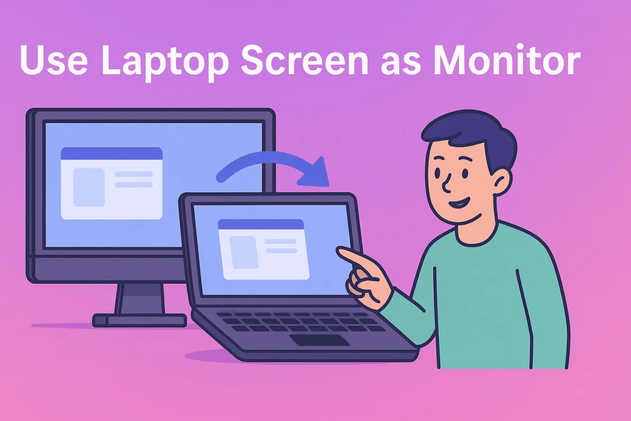 Chłopak pokazuje, jak używać laptopa jako monitora, podłączając go do większego ekranu.