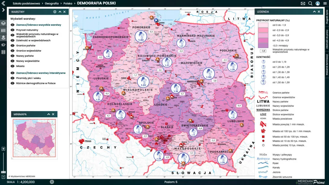 Mapa demograficzna Polski pokazująca wskaźnik dzietności