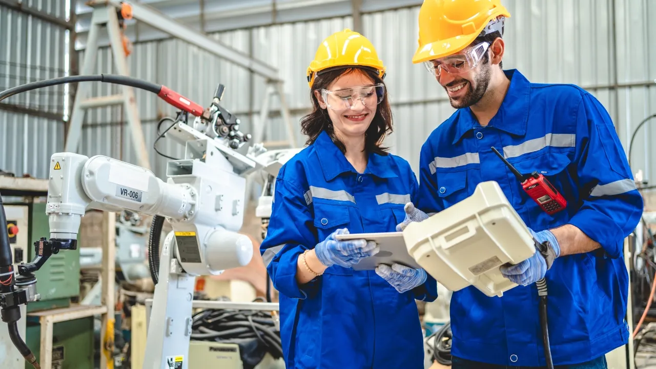 Młody inżynier automatyk przy panelu sterowania