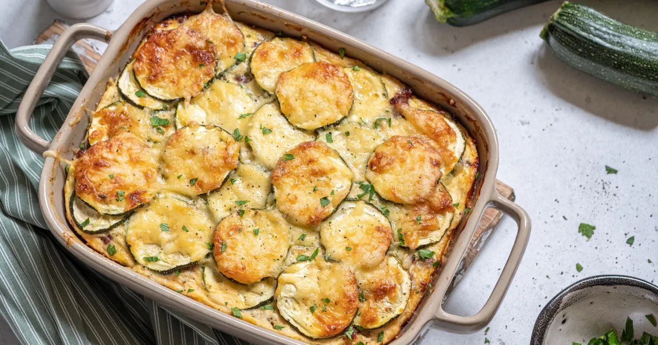 Zapiekanka z cukinii z serem i ziołami, idealna odpowiedź na pytanie co ugotować z cukinii.