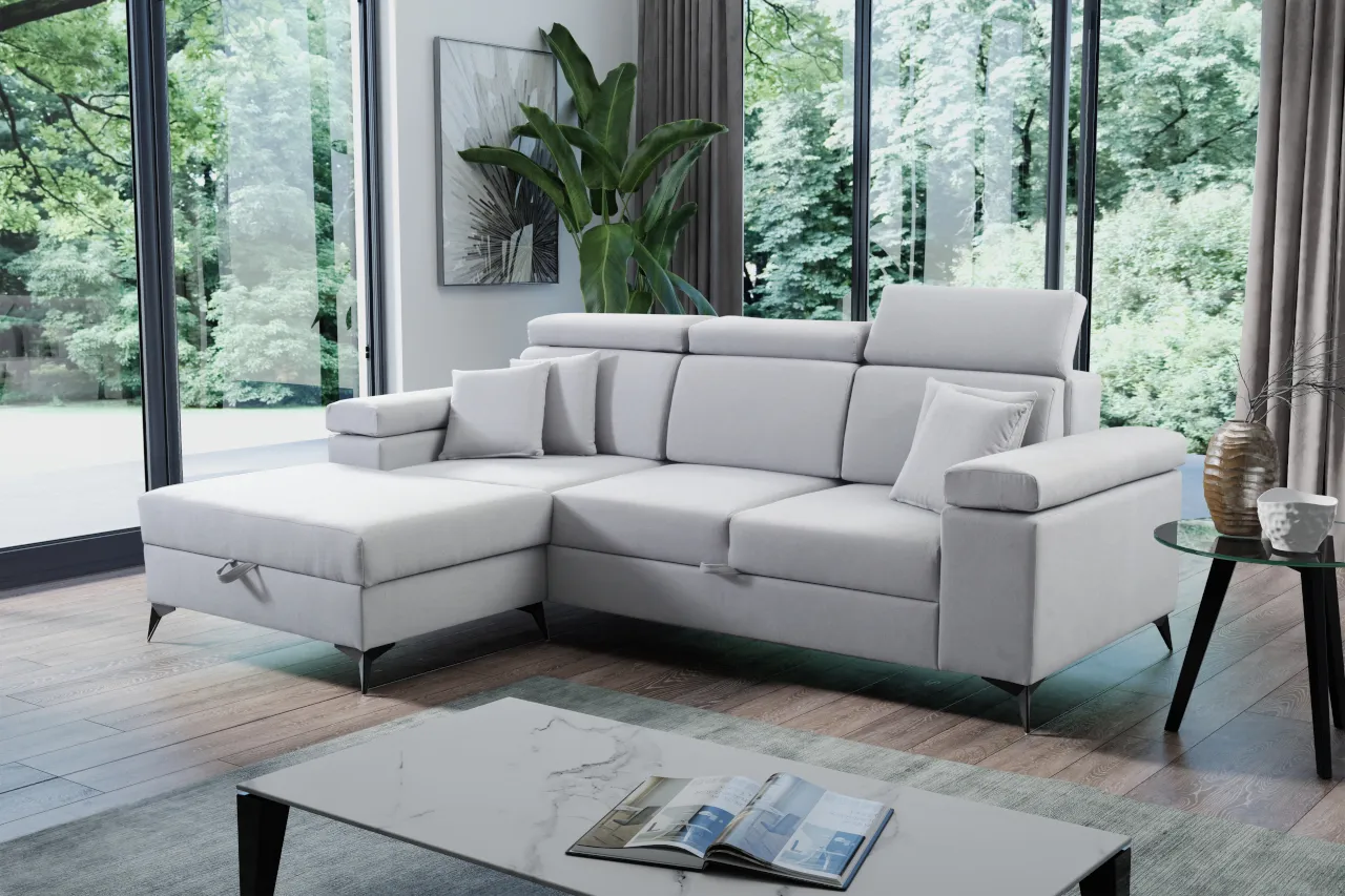 meble wielofunkcyjne małe mieszkanie, sofa z funkcją spania, stolik kawowy z przechowywaniem