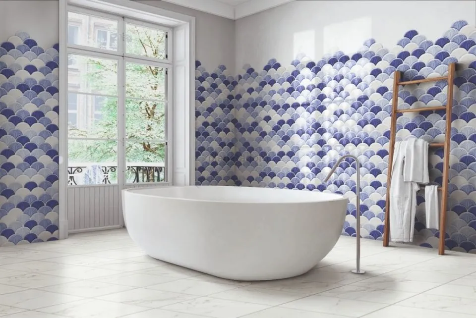 płytki heksagony rybia łuska łazienka