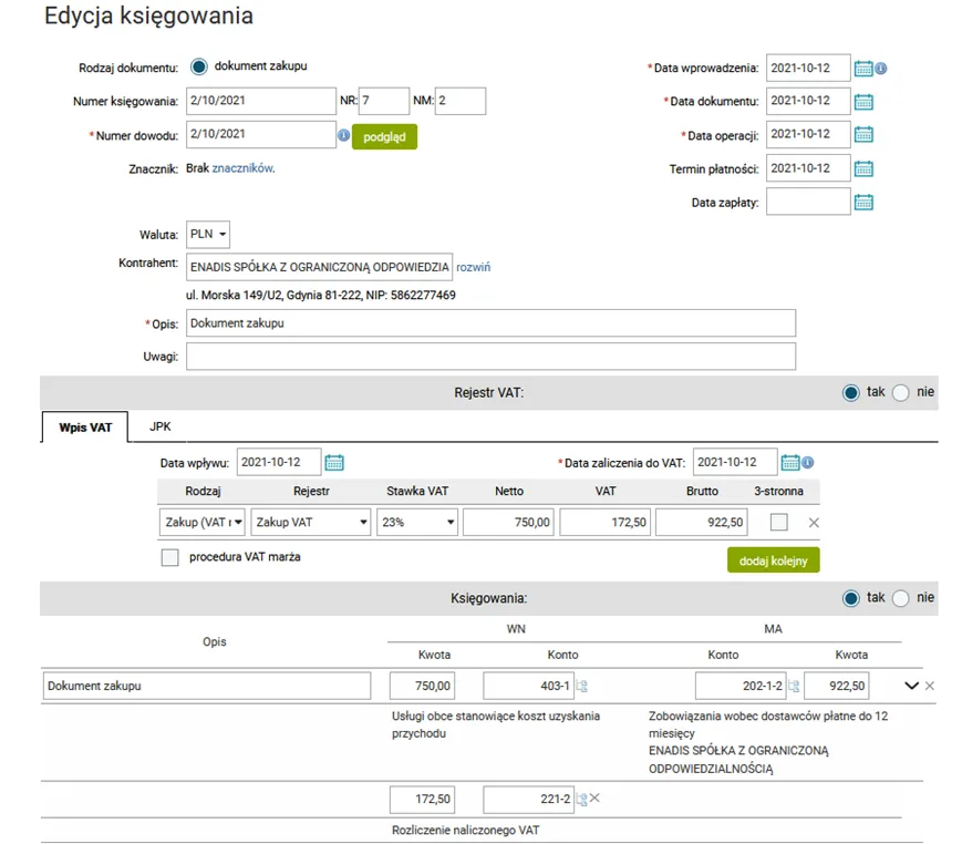 faktura zakupu towarów handlowych materiały księgowość