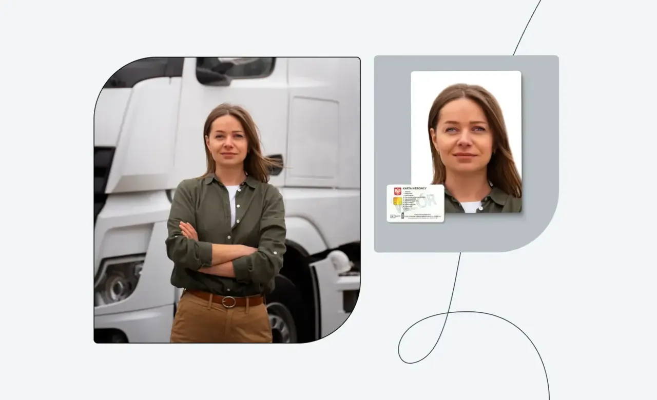 Kobieta kierowca przed ciężar&oacute;wką, obok zdjęcie do karty kierowcy.
