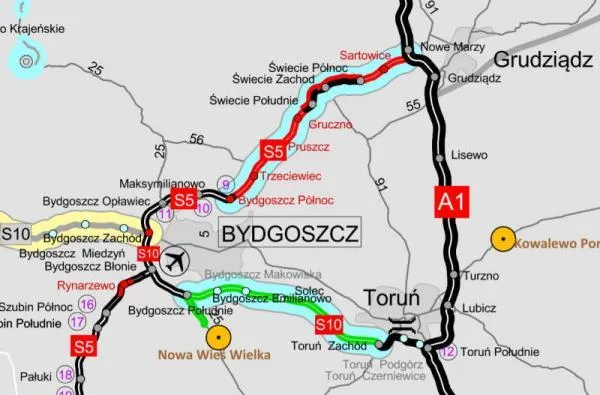 mapa dojazdu Bydgoszcz nad morze A1 Mierzeja Wiślana Trójmiasto
