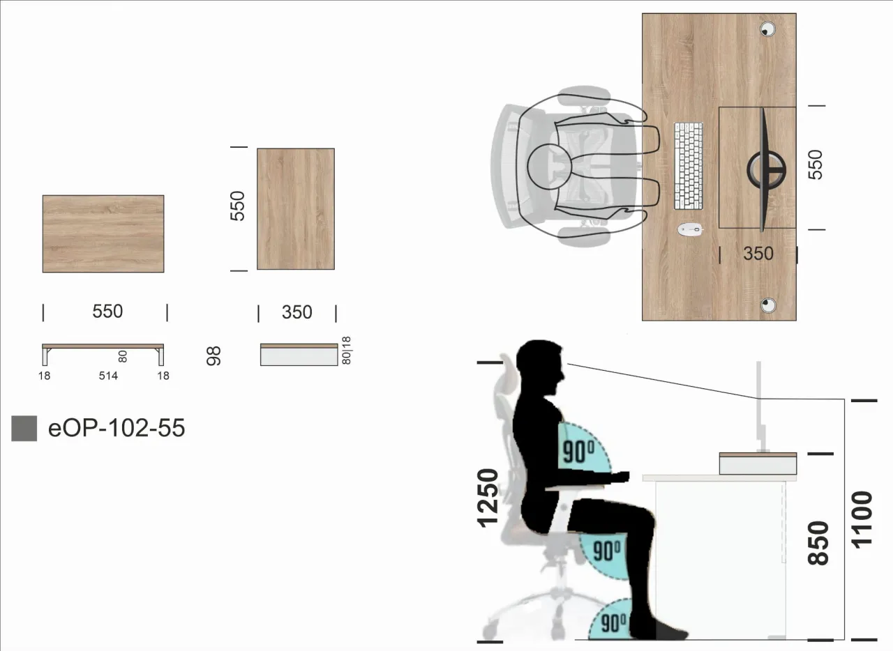Schemat biurka z monitorem 21 cali wymiary. Ergonomiczna pozycja siedząca z kątami 90 stopni.