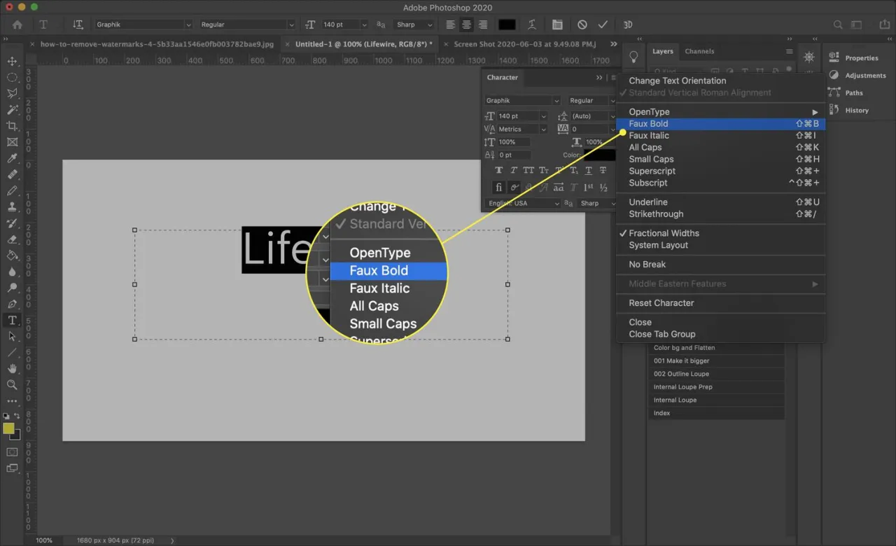 Photoshop Faux Bold panel Character