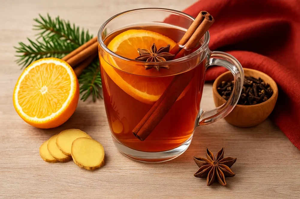 Składniki na świąteczną herbatę: przyprawy korzenne, pomarańcze, herbata liściasta