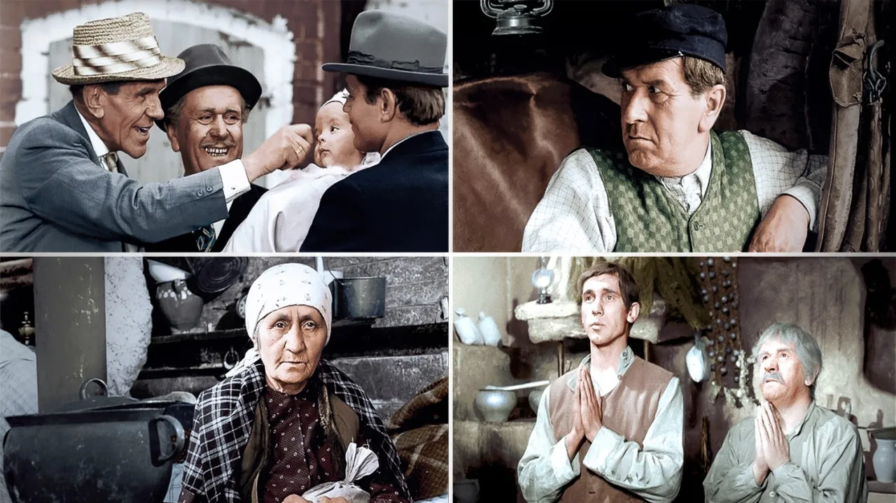 Czteroczęściowy kolaż z filmu. W górnym lewym rogu dwaj mężczyźni patrzą na niemowlę. W górnym prawym rogu mężczyzna w kapeluszu. W dolnym lewym rogu starsza kobieta. W dolnym prawym rogu dwaj mężczyźni z rękami złożonymi do modlitwy.