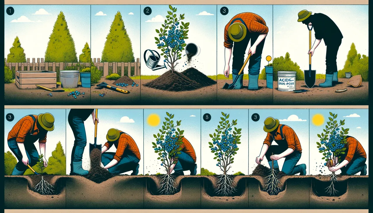 Ilustracja pokazuje jak sadzić borówkę amerykańską, zwracając uwagę na odpowiednie odstępy między sadzonkami. Proces obejmuje przygotowanie gleby, umieszczenie rośliny i zasypanie jej ziemią.