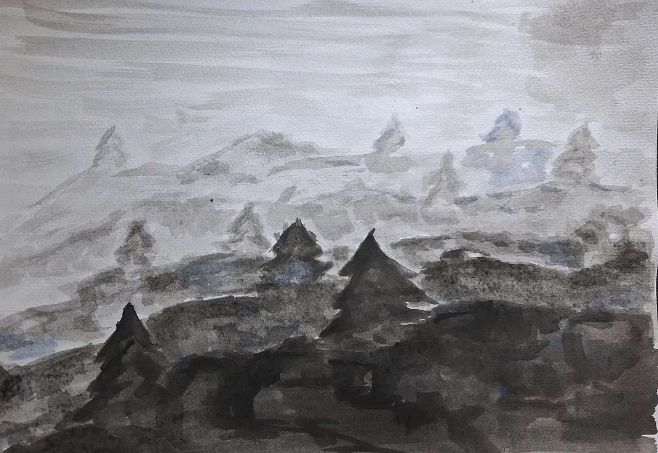 Akwarelowy pejzaż górski z drzewami, ukazujący różne rodzaje perspektyw w malarstwie poprzez warstwy i zróżnicowanie detali.