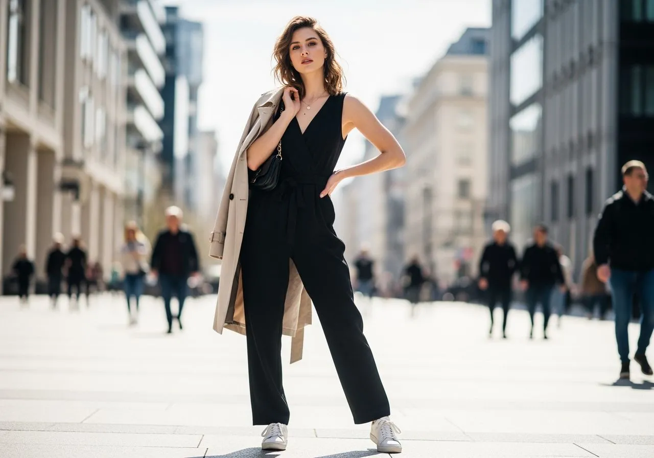 kobieta w kombinezonie i marynarce stylizacja do pracy