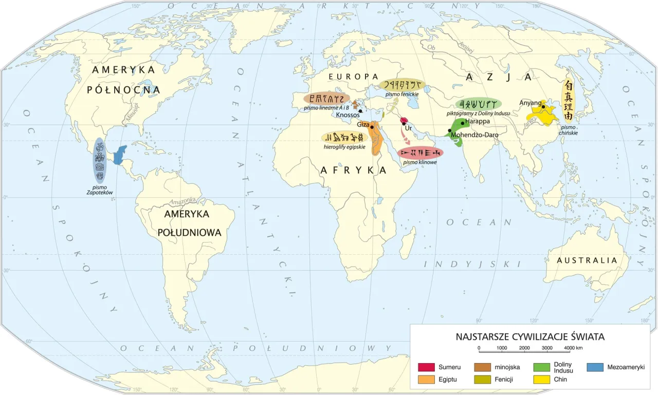 Mapa świata z zaznaczonymi najstarszymi cywilizacjami. Sumer, Egipt, pismo klinowe, pismo chińskie, Mezopotamia, Dolina Indusu, minojska, Fenicji, hieroglify egipskie, pismo linearne A i B, pismo Zapoteków.