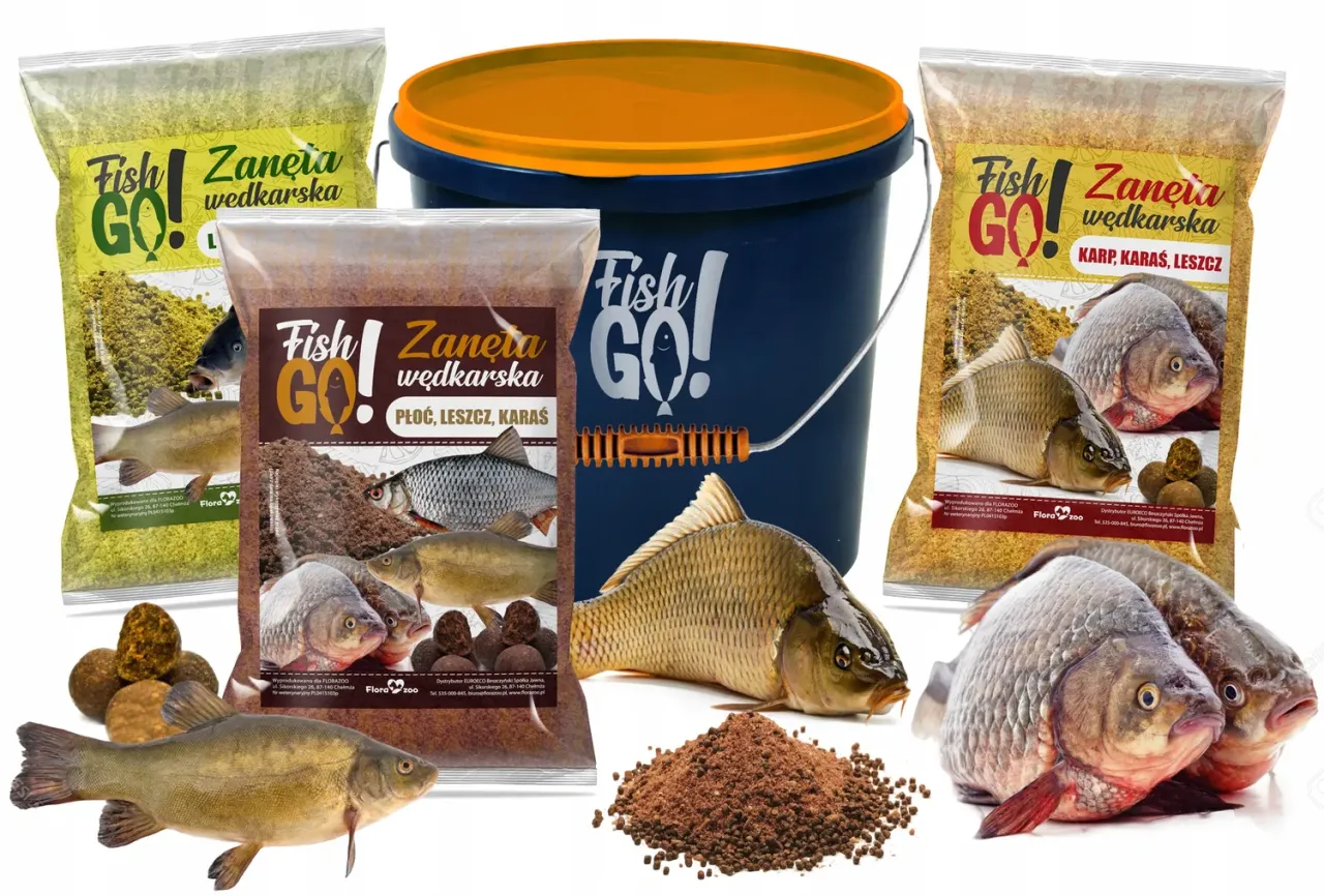 Zanęta wędkarska Fish GO! z suszoną krwią, idealna na płoć, leszcza i karasia. W zestawie z wiadrem i kulami zanętowymi.