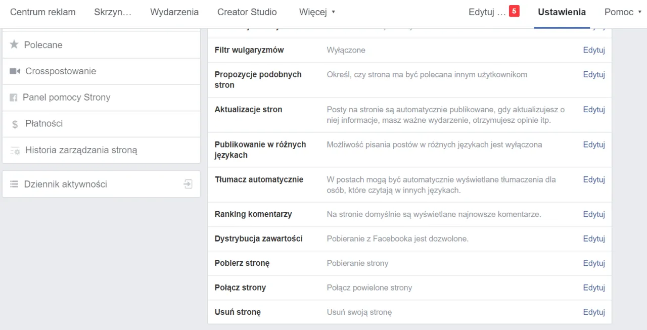 Facebook ustawienia strony usuwanie