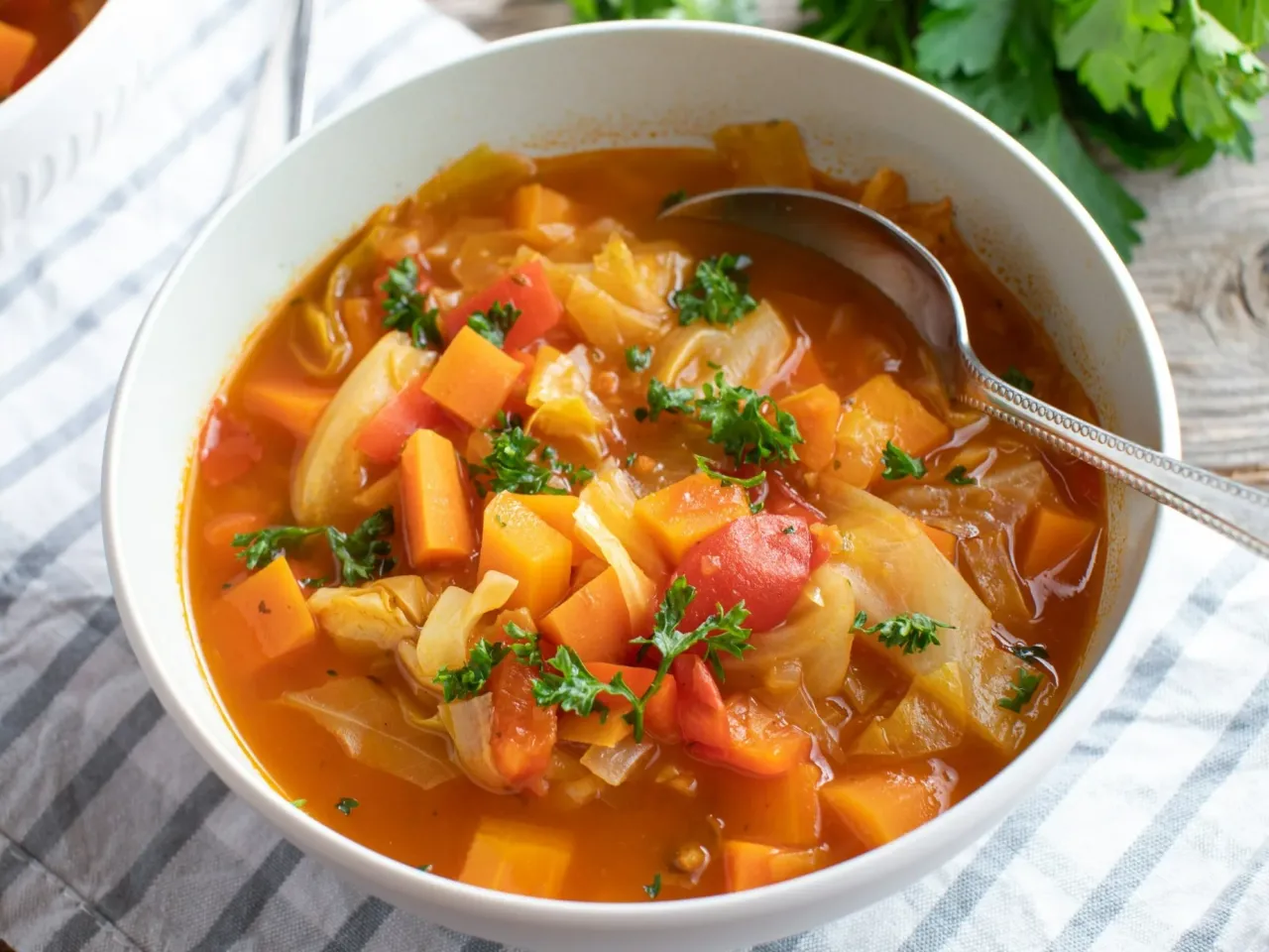 Aksamitny kapuśniak z marchewką i pomidorami, posypany natką. Czy kapuśniak jest zdrowy? Tak, to pyszne i pożywne danie!