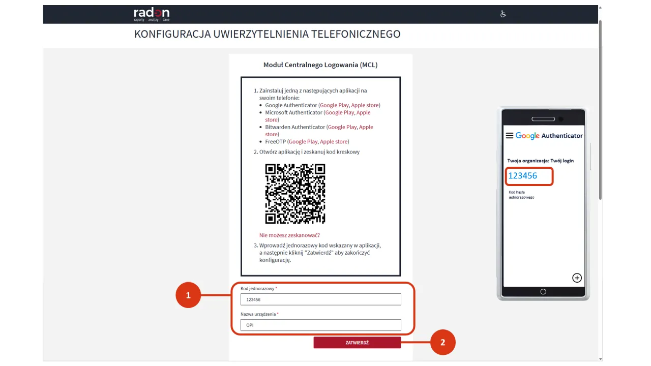 Konfiguracja uwierzytelnienia telefonicznego. Wyjaśnienie, jak działa Google Authenticator: zeskanuj kod QR, wpisz kod jednorazowy.