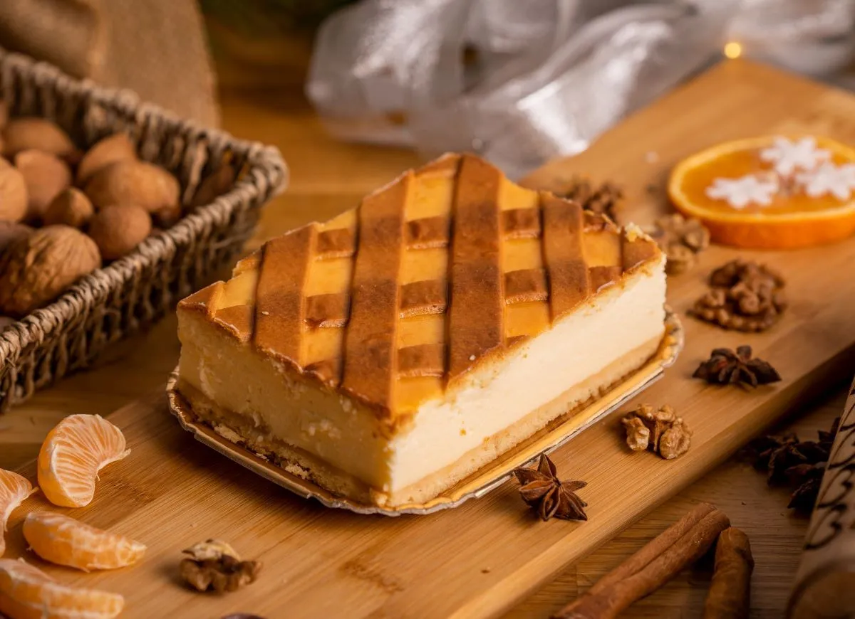 Idealne kruche ciasto pod sernik – złociste, delikatne, z kratką. Obok mandarynki, orzechy i gwiazdki anyżu.