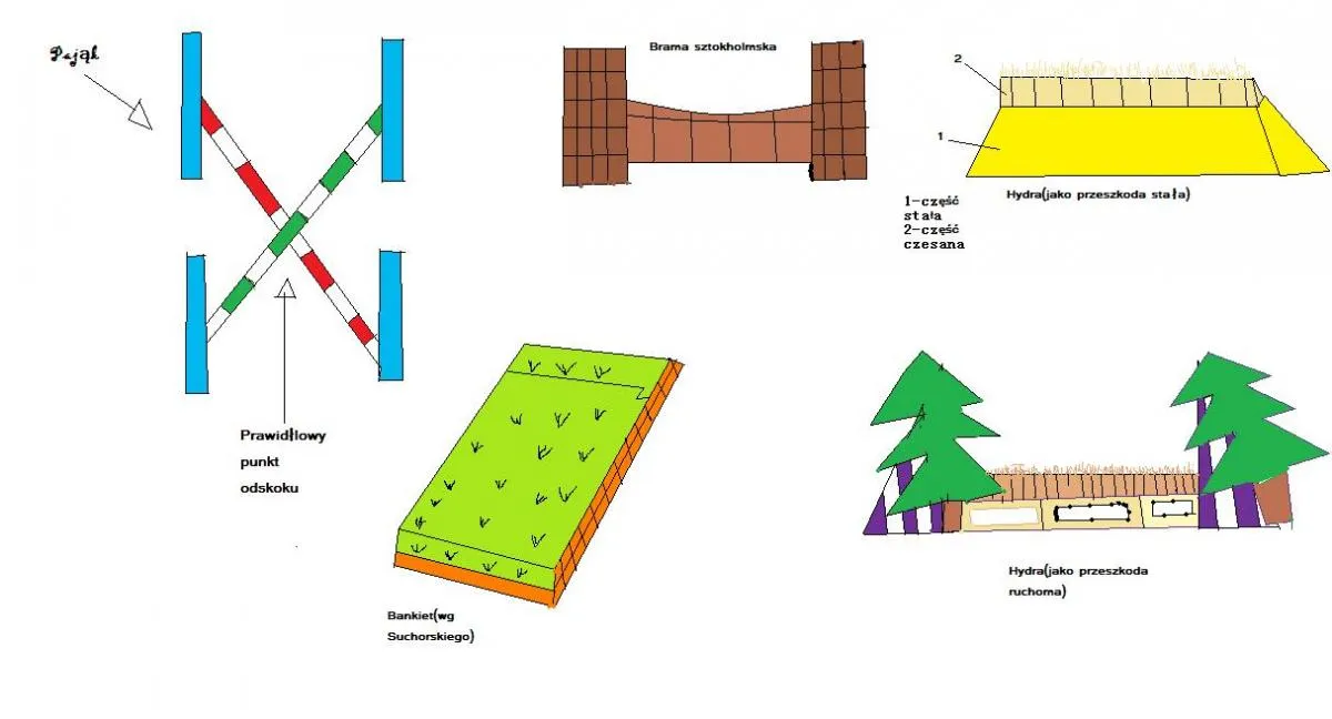 Różne rodzaje przeszkód jeździeckich na parkurze
