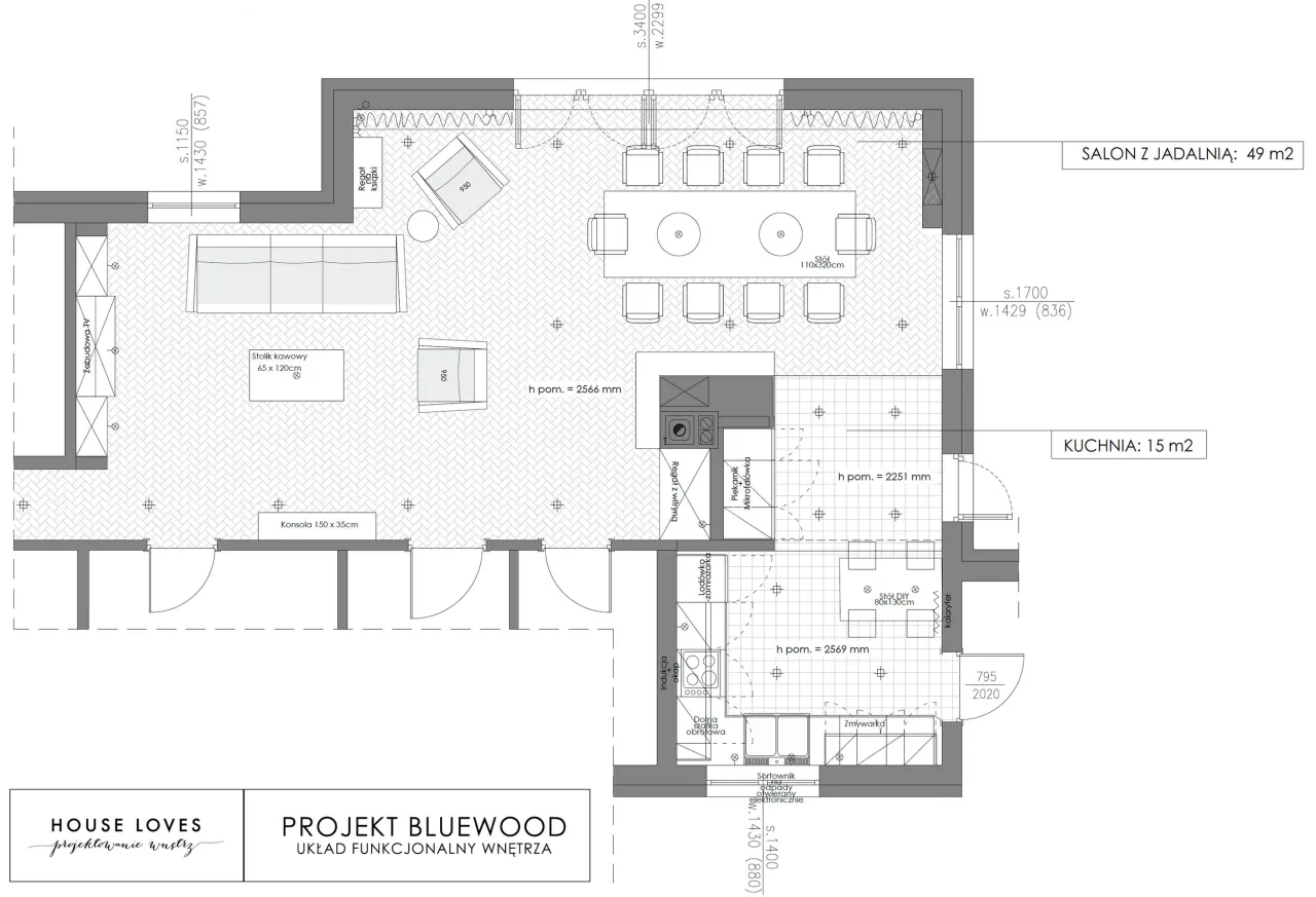 projekt salonu z kuchnią rzut funkcjonalny