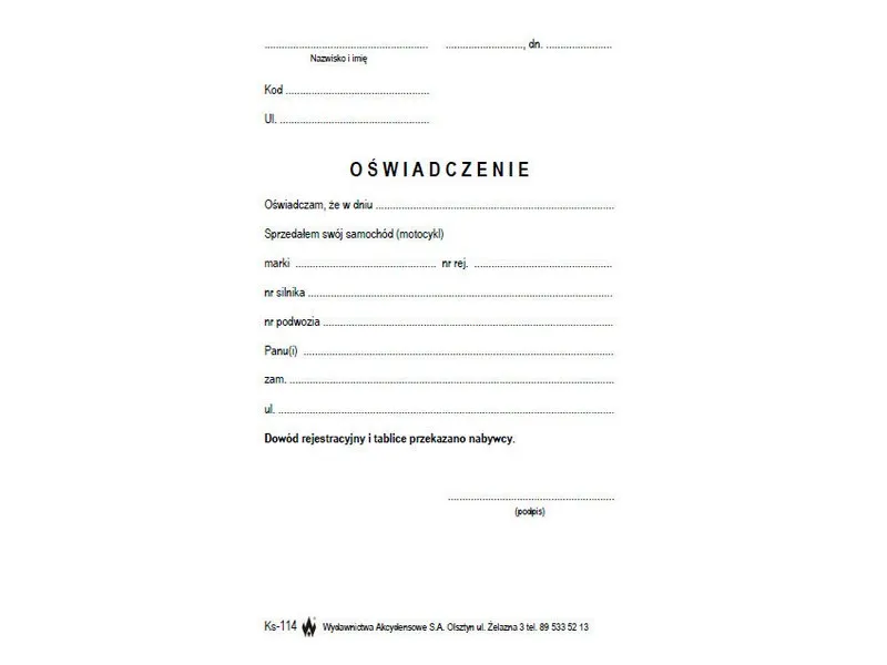 zgłoszenie sprzedaży samochodu wydział komunikacji formularz
