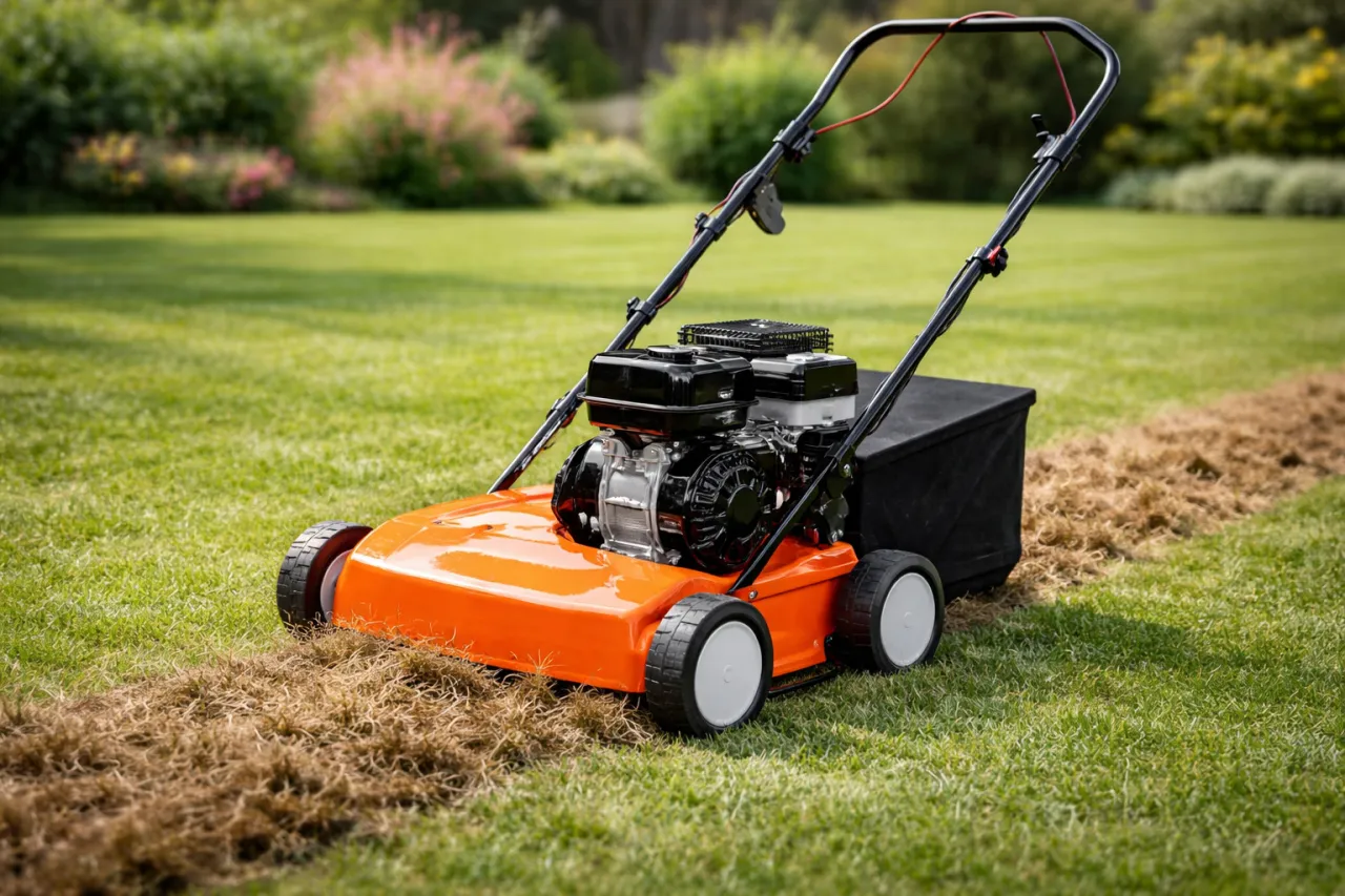 Pomarańczowy wertykulator z silnikiem spalinowym usuwa filc z trawnika. Do czego służy wertykulator? Do napowietrzania i regeneracji darni.