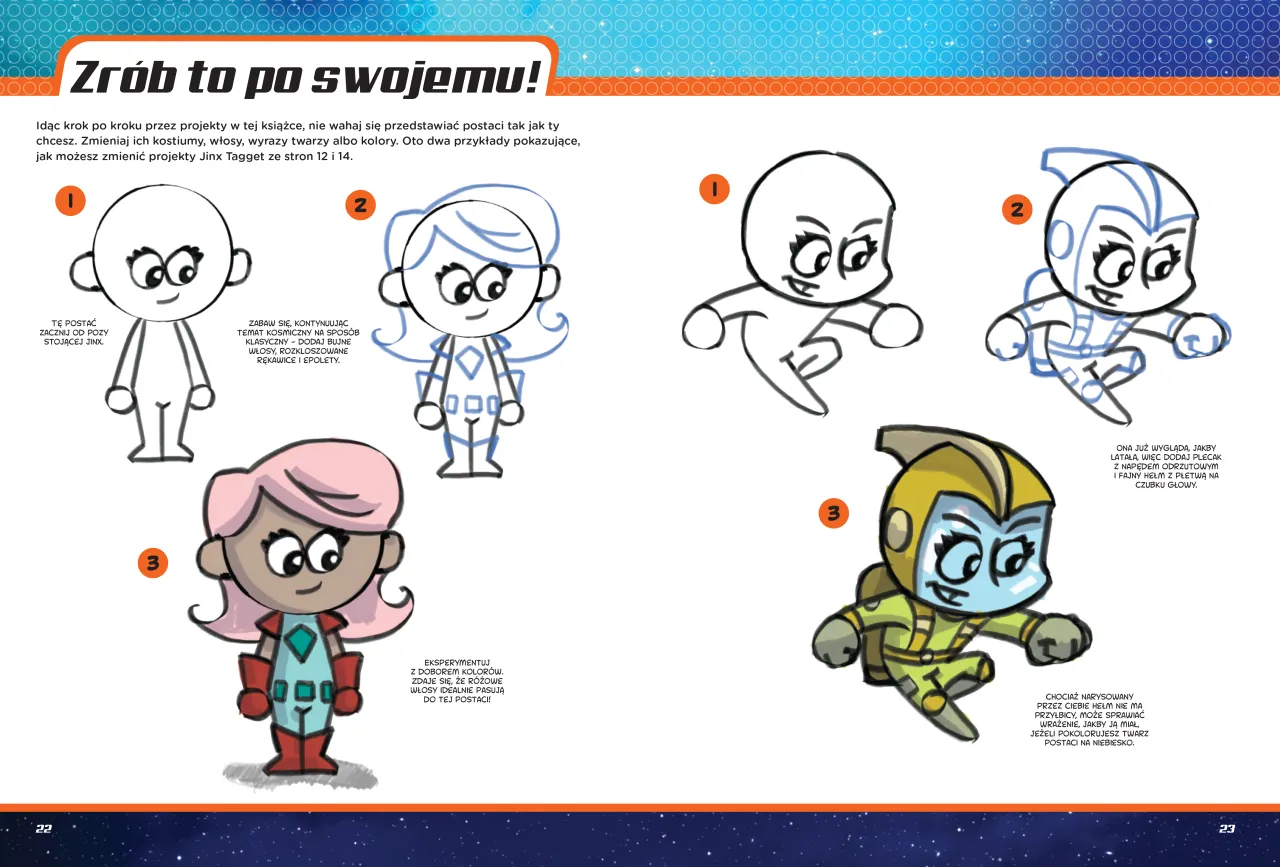 Jak narysować komiks: instrukcja krok po kroku, jak tworzyć własne postacie, zmieniając ich stroje i fryzury.