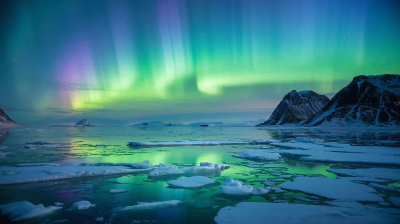 krajobraz arktyczny z lodem i zorzą polarną