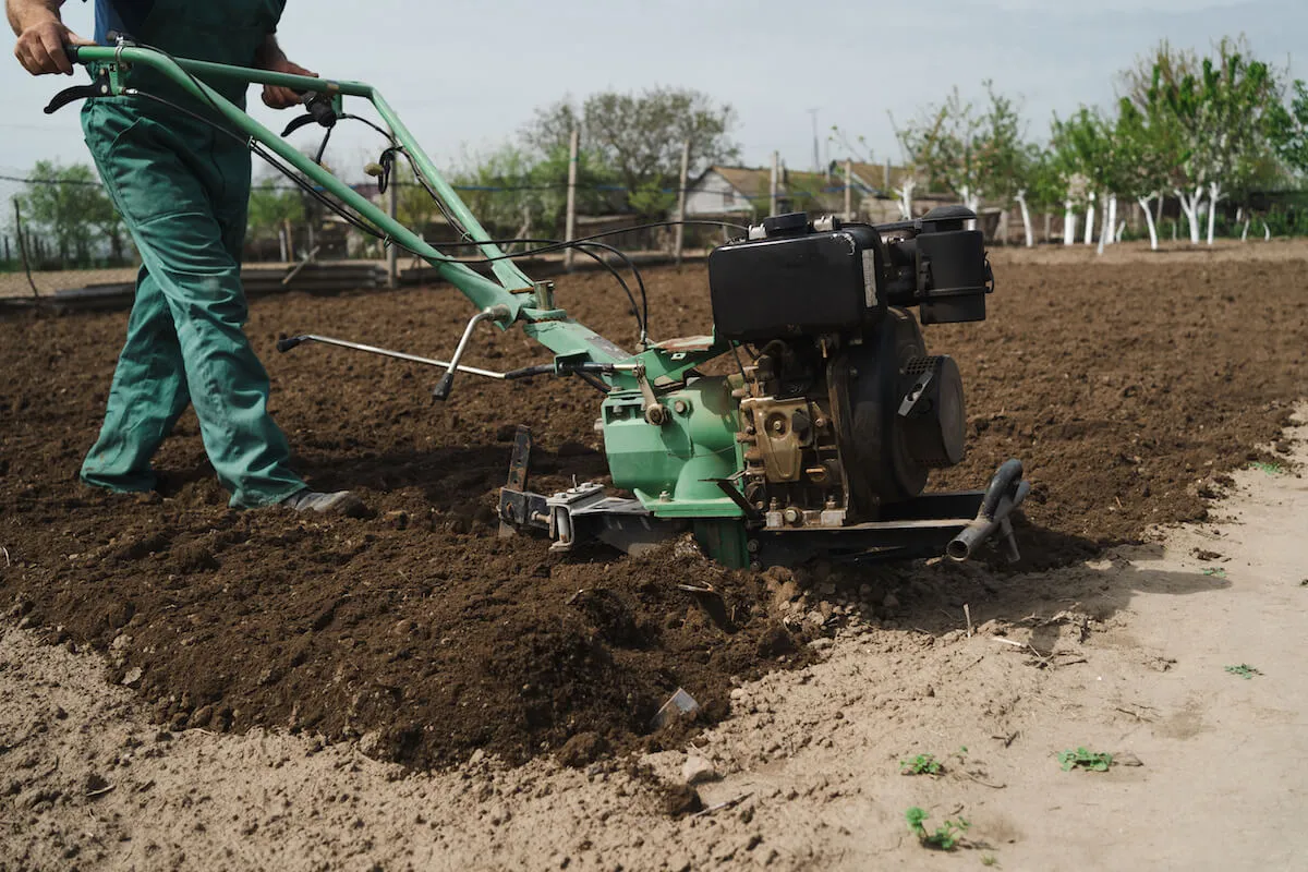 Osoba w zielonym ogrodniczkach używa glebogryzarki do spulchniania ziemi na polu. To praktyczny spos&oacute;b, jak używać glebogryzarki do przygotowania grządek.