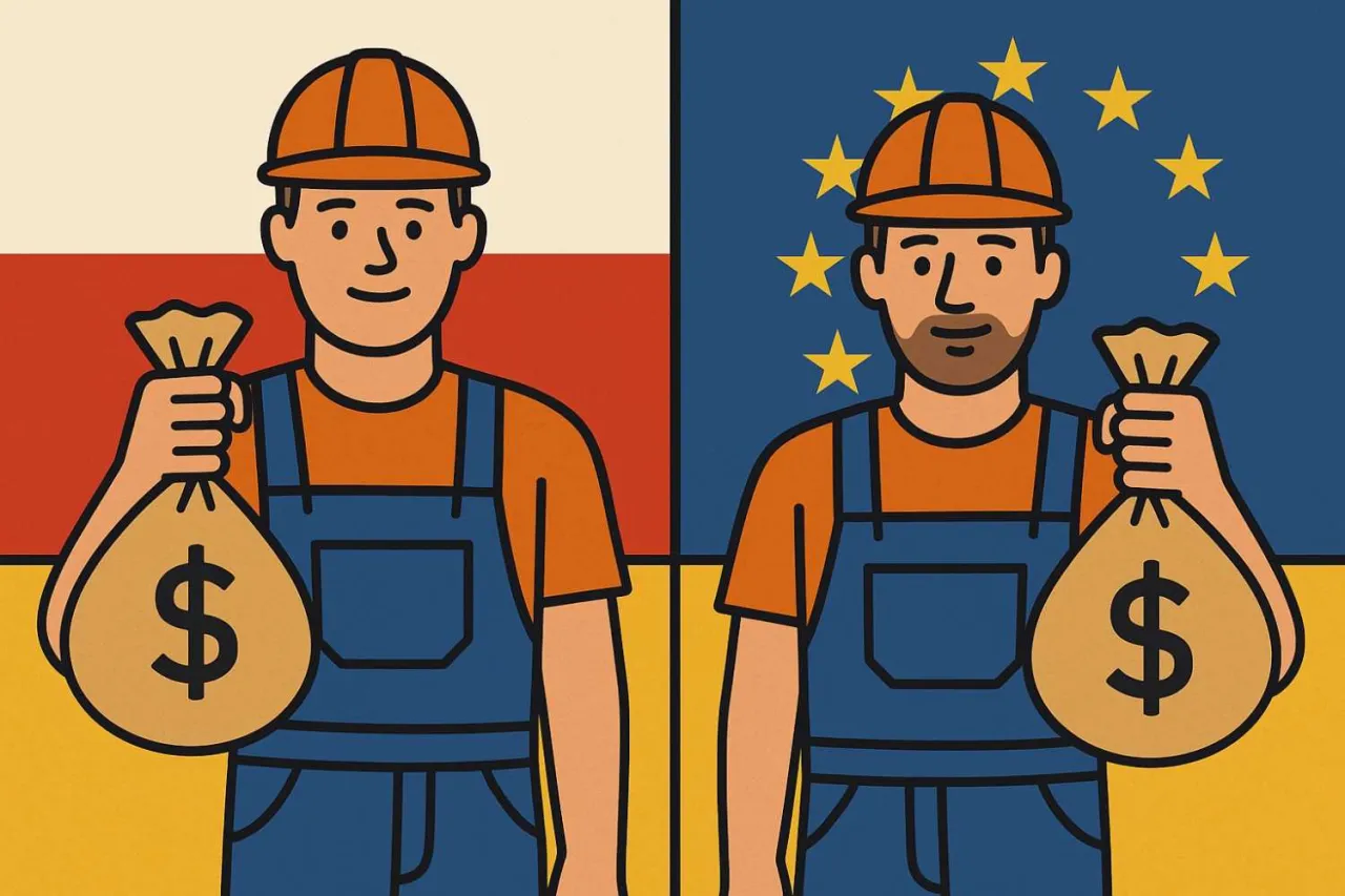 Pracownik budowlany kod zawodu, z torbą pieniędzy, na tle flagi Polski i UE.