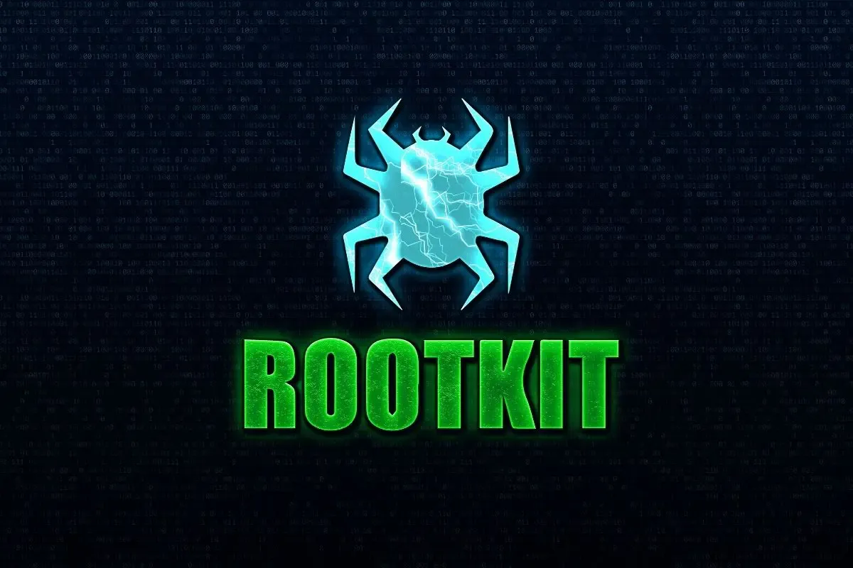 Grafika z napisem ROOTKIT i symbolem pająka. Dowiedz się, co to jest rootkit i jak działa.