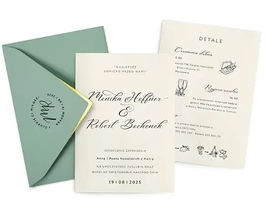 eleganckie zaproszenia ślubne leżące na stole