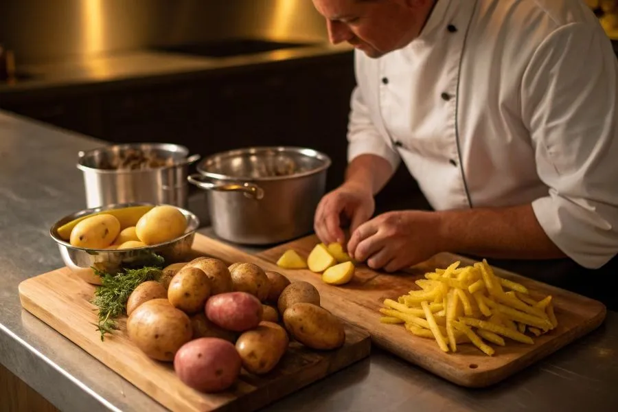 różne odmiany ziemniaków na frytki lub etapy przygotowania domowych frytek