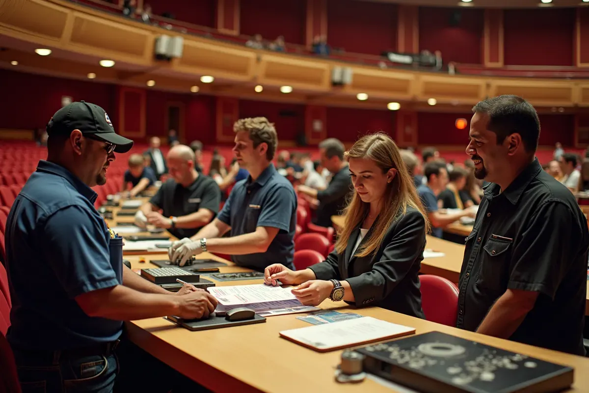 Ludzie w teatrze przygotowują dokumenty. Widać, kto pracuje w teatrze, od technik&oacute;w po osoby zarządzające.