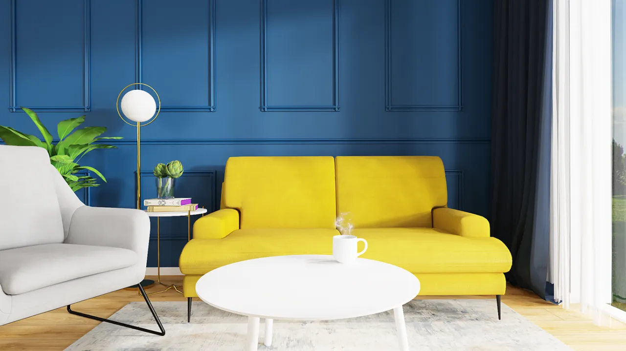ż&oacute;łta kanapa z granatowymi zasłonami, ż&oacute;łta kanapa z zielonymi zasłonami
