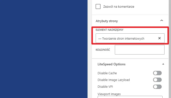 WordPress hierarchia stron element nadrzędny