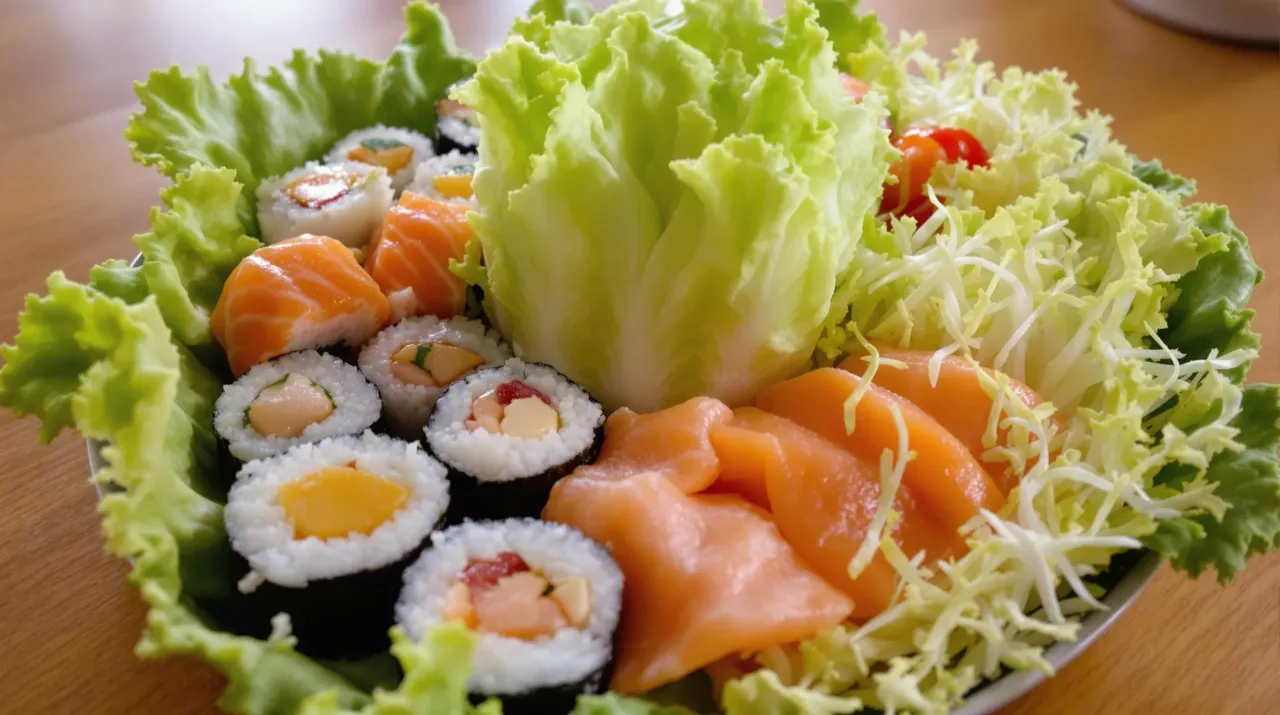 Talerz sushi z łososiem i warzywami. Wok&oacute;ł roladek z ryżem i nori ułożono liście sałaty lodowej i fryz, tworząc zieloną oprawę. Idealna sałata do sushi!