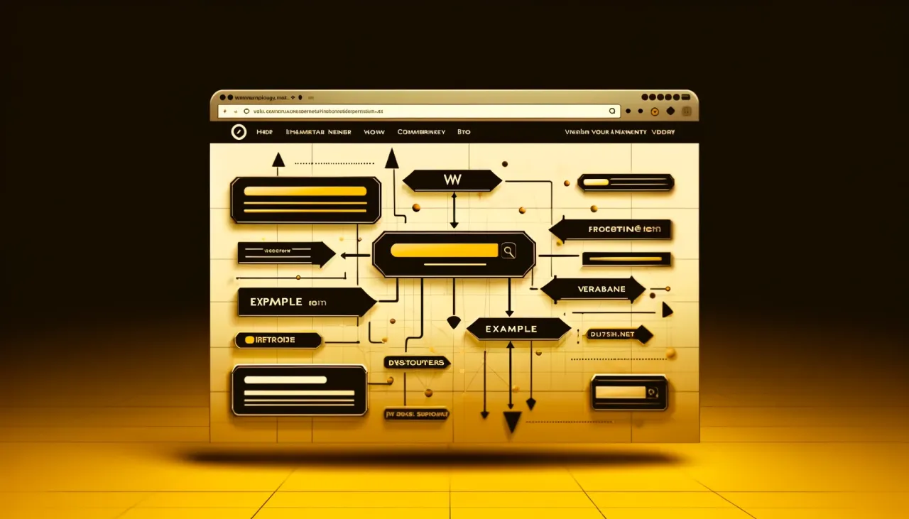 Schemat blokowy z elementami interfejsu, jak pasek wyszukiwania i przyciski. Pokazuje powiązania między różnymi sekcjami, wyjaśniając, czym jest domena w kontekście sieci.