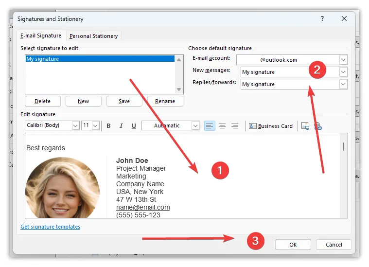 Outlook ustawienia sygnatury HTML