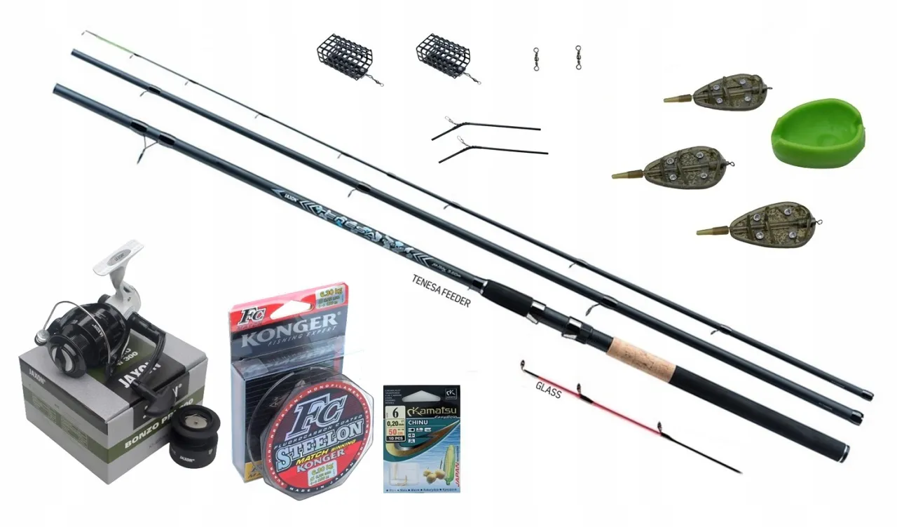 komponenty zestawu gruntowego, wędka, kołowrotek, żyłka, haczyki, koszyczek zanętowy