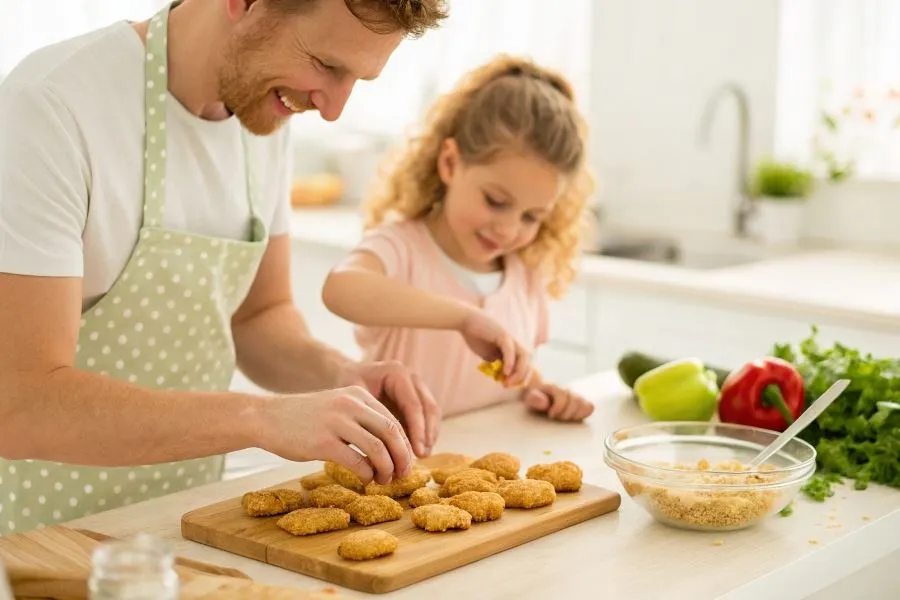 dziecko jedzące domowe nuggetsy z kurczaka z warzywami