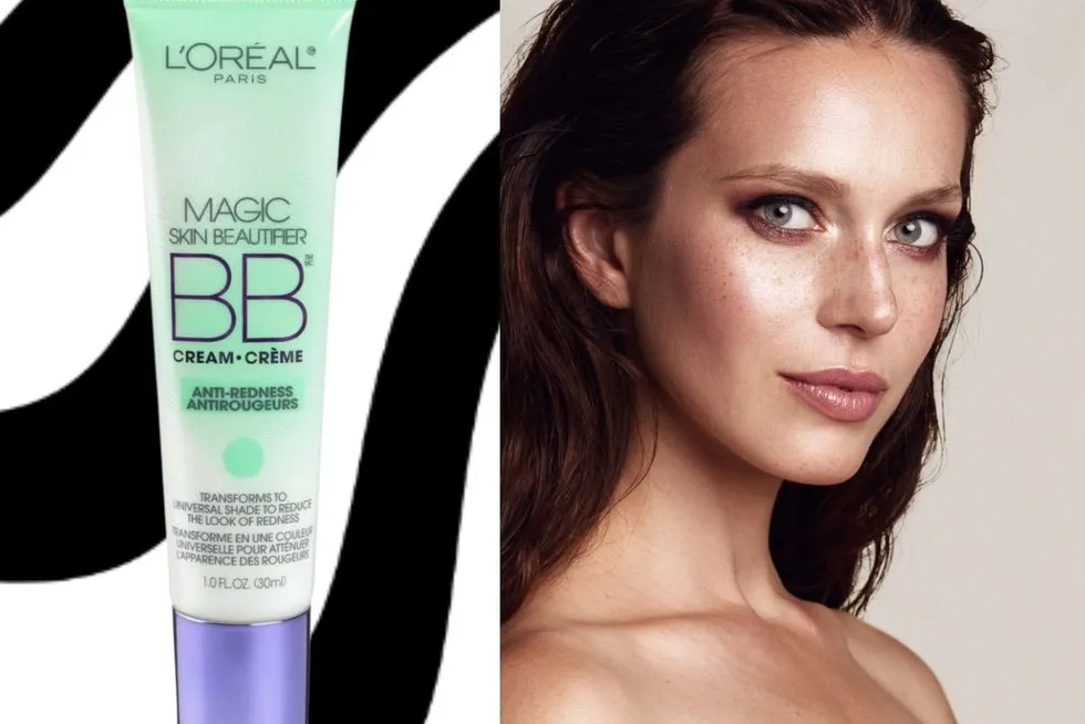 kobieta z zimnym okładem na twarzy, zielony korektor do makijażu