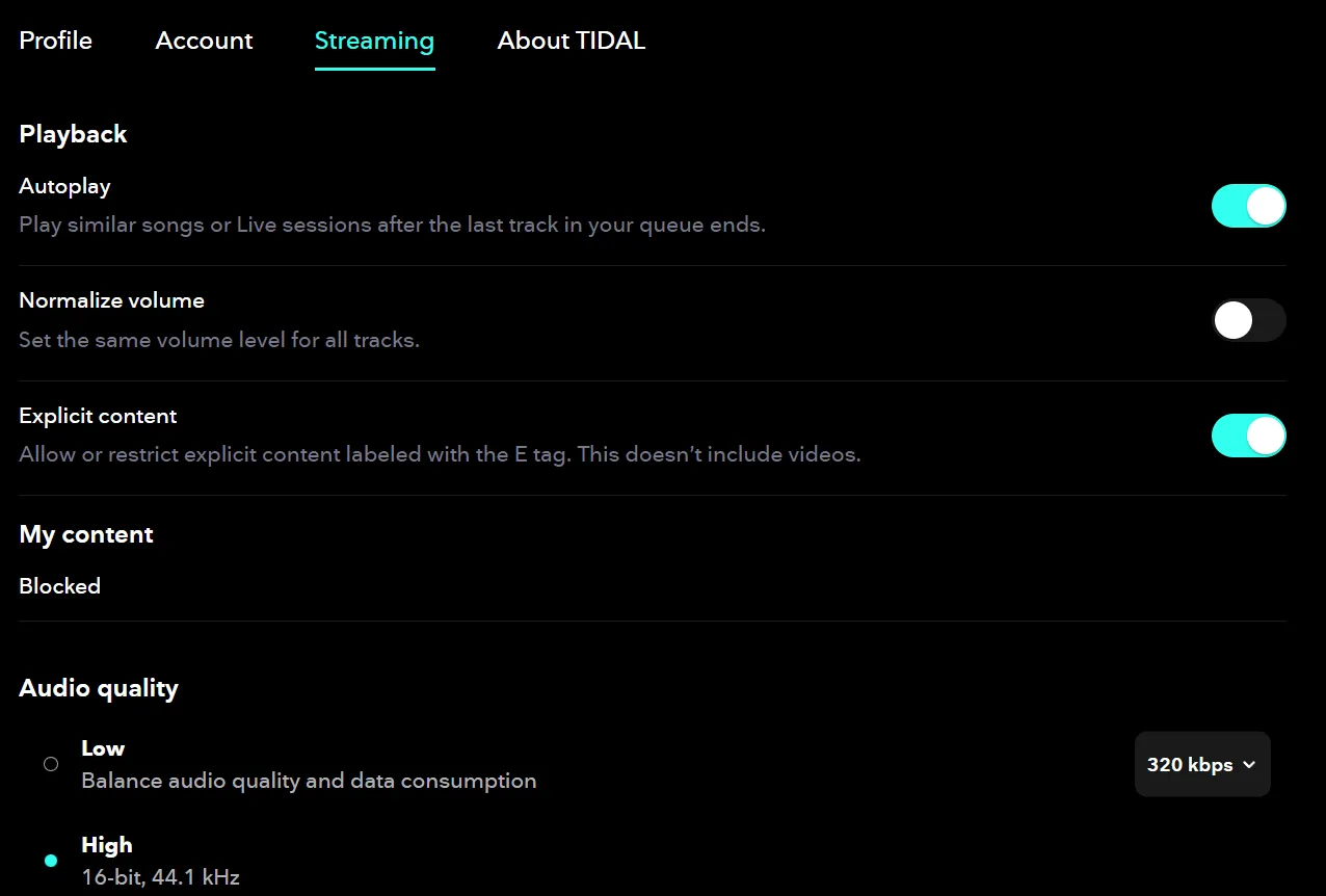 Ustawienia strumieniowania TIDAL: autoodtwarzanie, normalizacja głośności, treści z oznaczeniem E. Wybierz jakość dźwięku.
