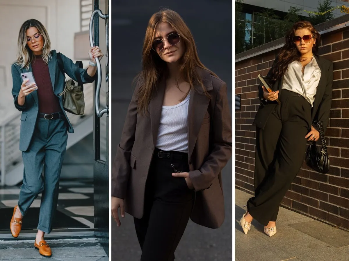 Trzy kobiety prezentują eleganckie stylizacje. Zastanawiasz się, jaka bluzka do eleganckich spodni? Zobacz inspiracje: garnitur, biały top, satynowa koszula.