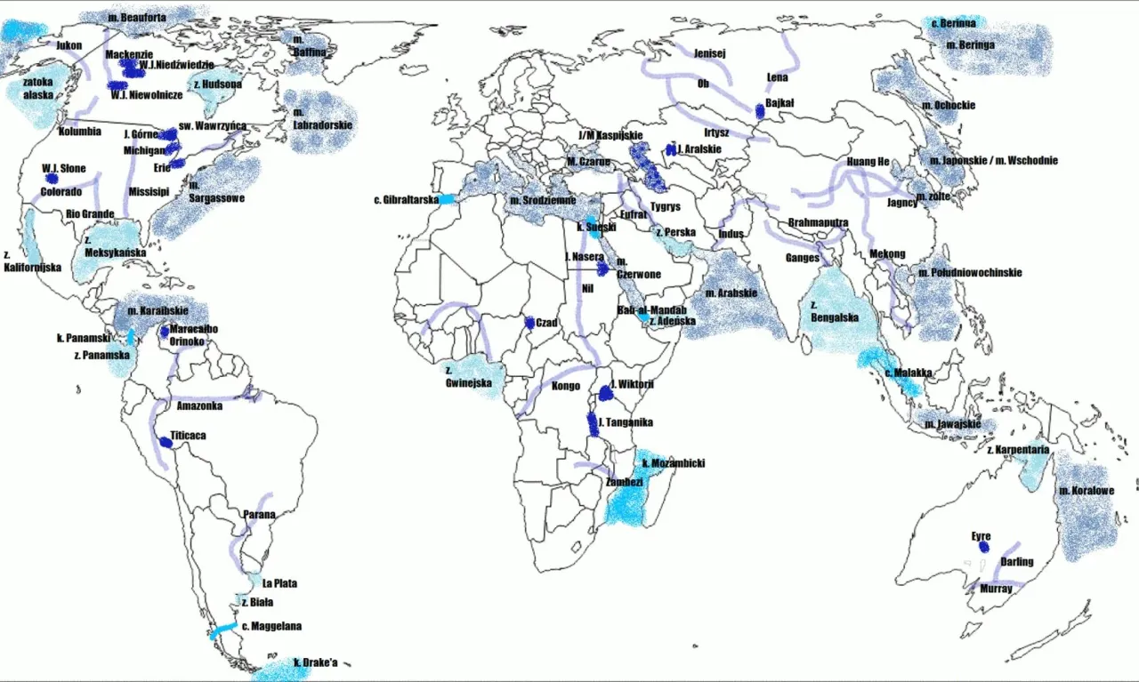 Mapa świata z zaznaczonymi różnymi typami mórz (przybrzeżne, śródziemne, międzywyspowe)